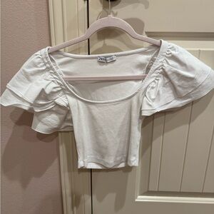Zara White Puff Sleeve Ruffled Crop Blouse